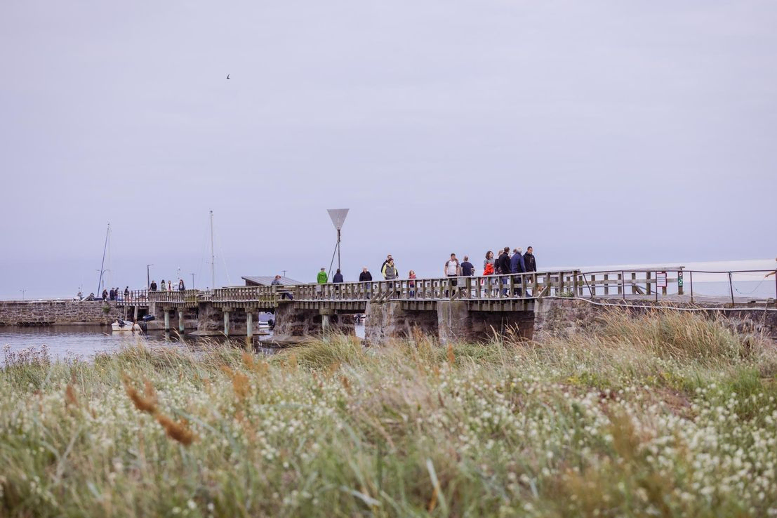 Bro til Snogebæk Havn med besøgende, som går til og fra fiskerlejet.